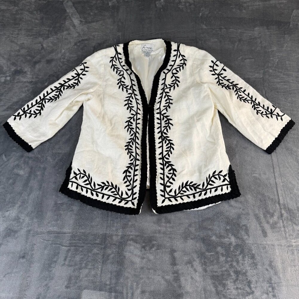 Linea Louis Dell'Olio Blazer Jacket SZ L 100% Linen Embroidered Artsy Lagenlook